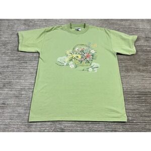 Jerzees T-Shirt Womens Large Green‎ Heavyweight Blend Floral Graphic Made in USA